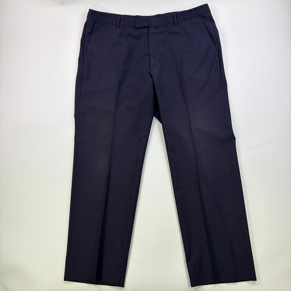 Z Zegna 7ZF110 Dress Trousers Mens 40 Navy Blue Wool Micro Check Regular Fit